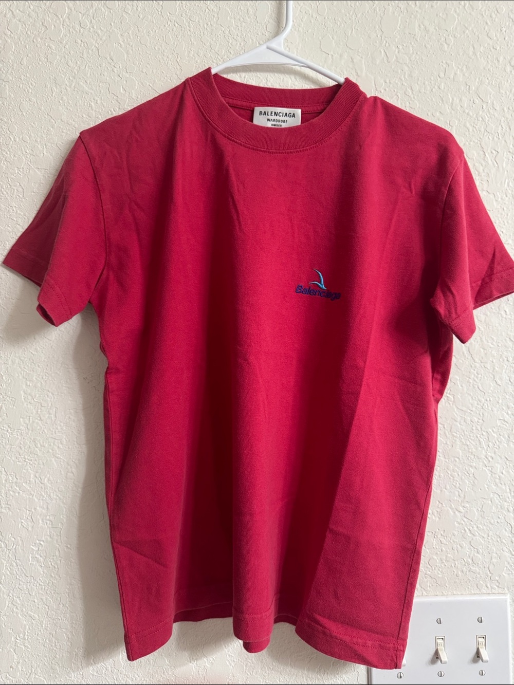 Balenciaga Red Tee with Small Blue Logo